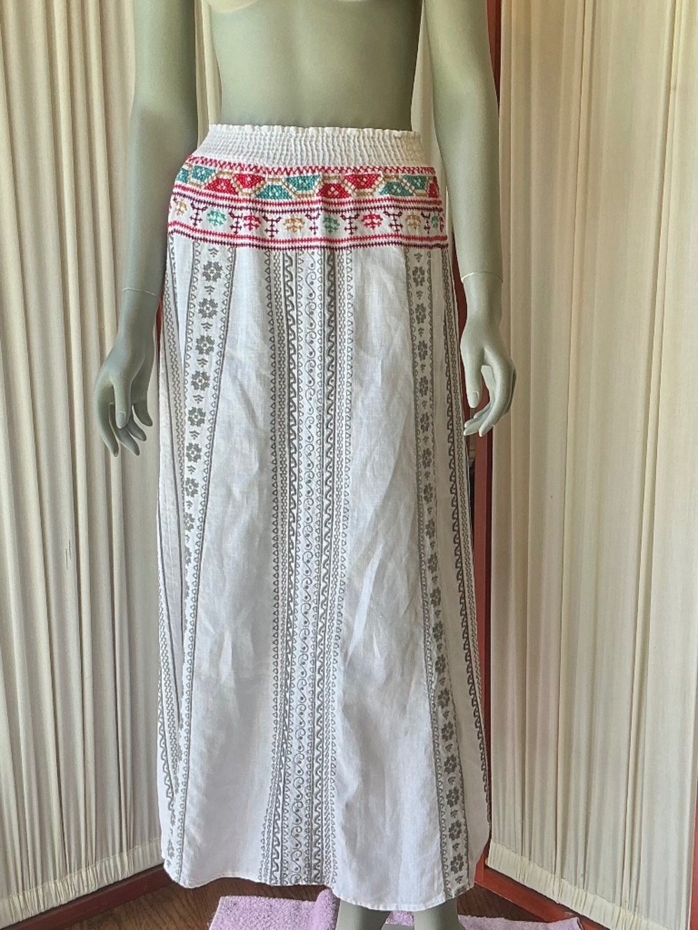 Johnny Was Los Angelas 100% Linen Embroidered Pull On Maxi Skirt Size Small
